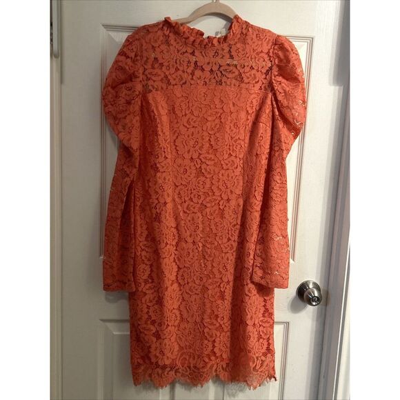 NWT Main Strip Women's Midi Lace Long Sleeve Dress Size L large‎ Coral - Picture 1 of 8